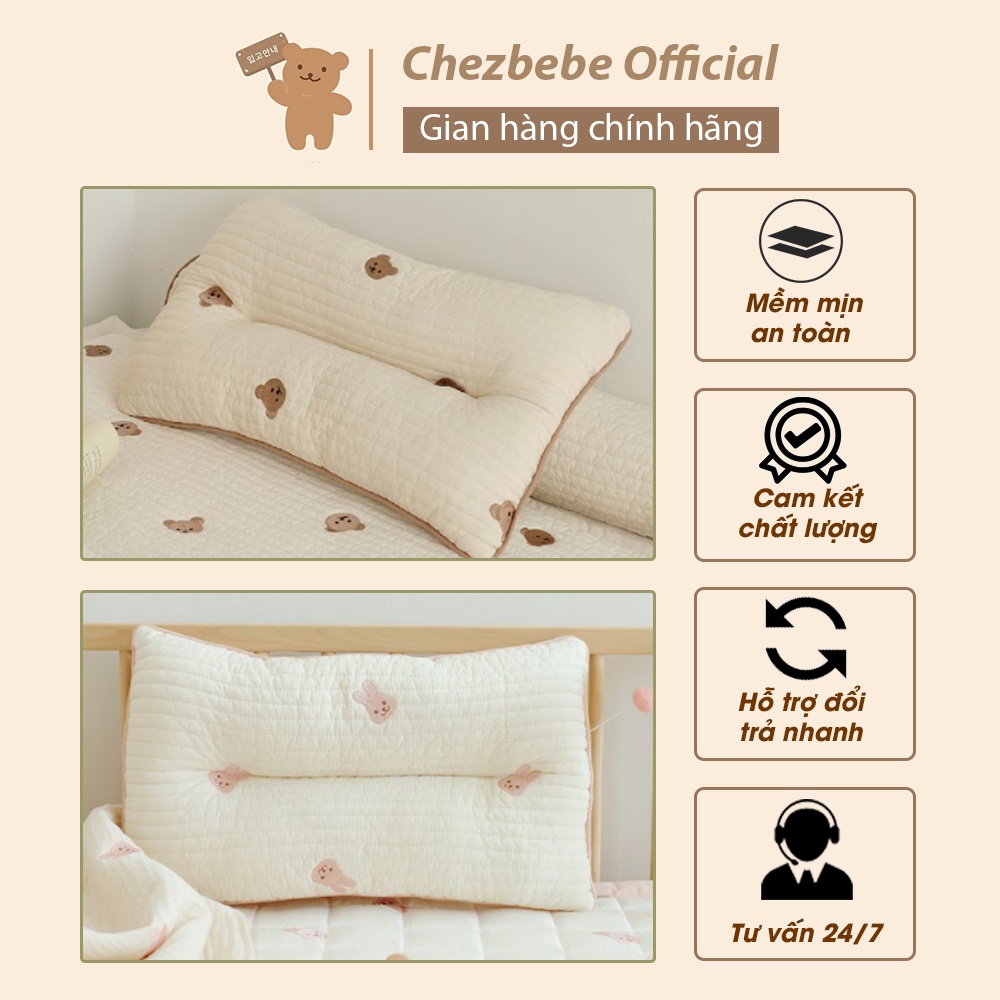 Gối nằm Chezbebe gối cho bé thêu hình ngộ nghĩnh vải lưới polyester an toàn cho bé, thoáng mát thấm hút mồ hôi