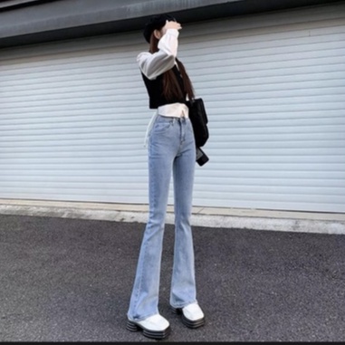 Quần jean ống loe lưng cao màu xanh nhạt vải jean cotton co giãn cao cấp Hàn Quốc