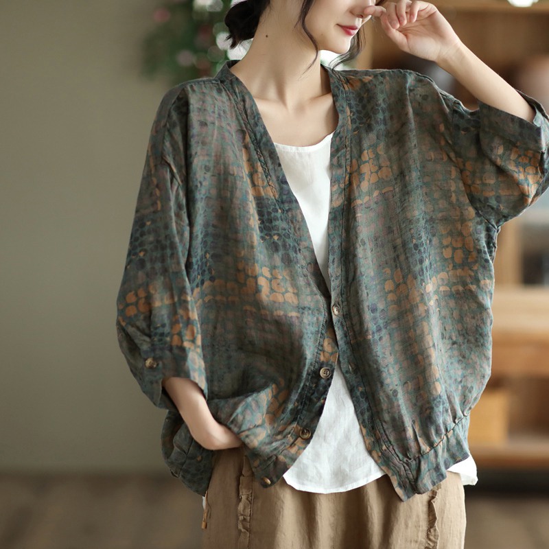 Áo khoác cotton lanh mỏng che nắng họa tiết in phong cách thời trang vintage cho nữ
