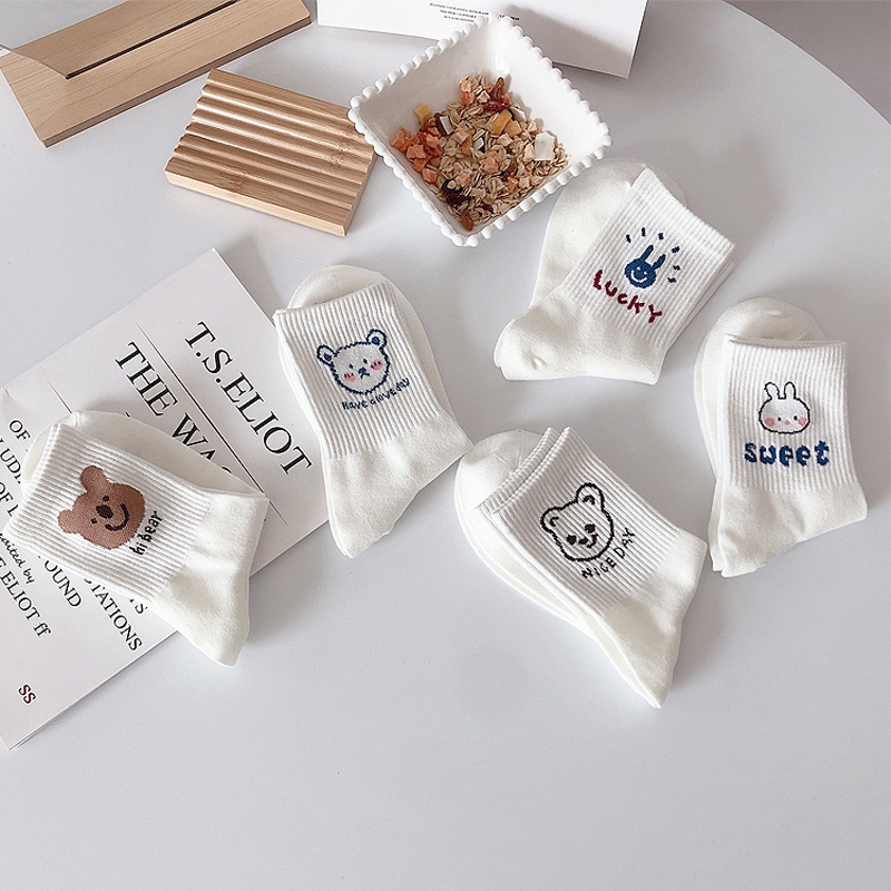 Tất cổ cao vớ nữ che khuyết điểm cute hình gấu trắng phong cách Hàn Quốc vintage set 5 đôi Tom House