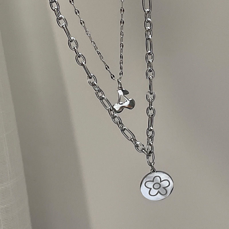 IF ME Dây chuyền hai lớp mặt hình hoa + cherry đơn giản thời trang Hàn Quốc dành cho nữ