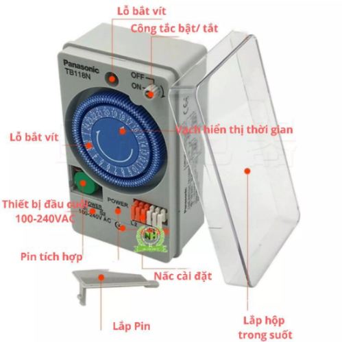 Công tắc hẹn giờ cơ Panasonic TB118N 15A 220V tặng kèm pin chờ 300 giờ, Timer hẹn giờ Panasonic TB118N ổ cắm hẹn giờ