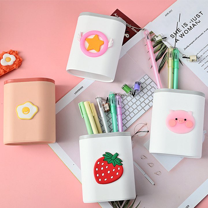 Ống cắm bút hộp đựng bút 2 ngăn kèm hình dễ thương, ống cắm bút nhựa nhiều màu sắc tặng kèm sticker 2D