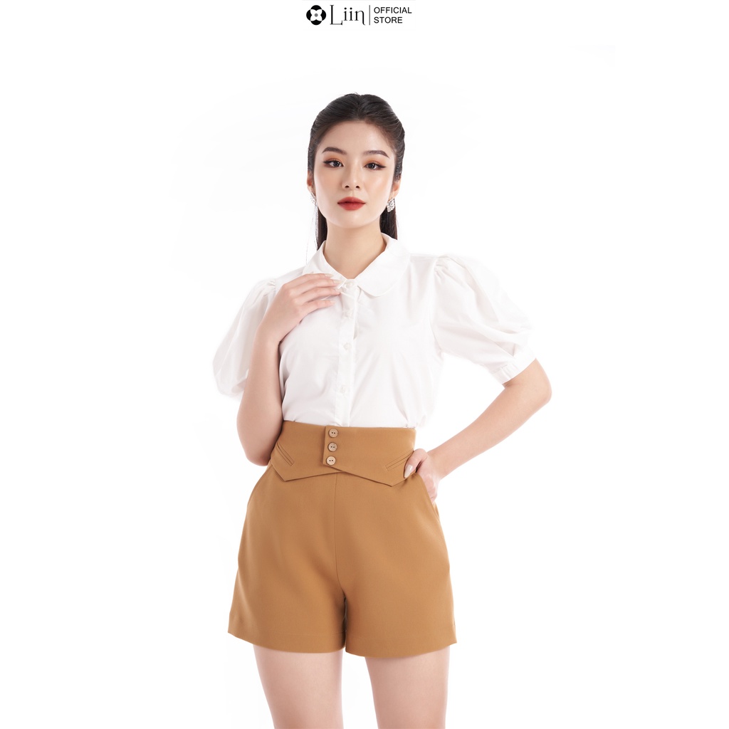 Áo sơ mi nữ linbi cộc tay màu trắng tay bồng basic phong cách trẻ trung, hiện đại liin clothing SM3931