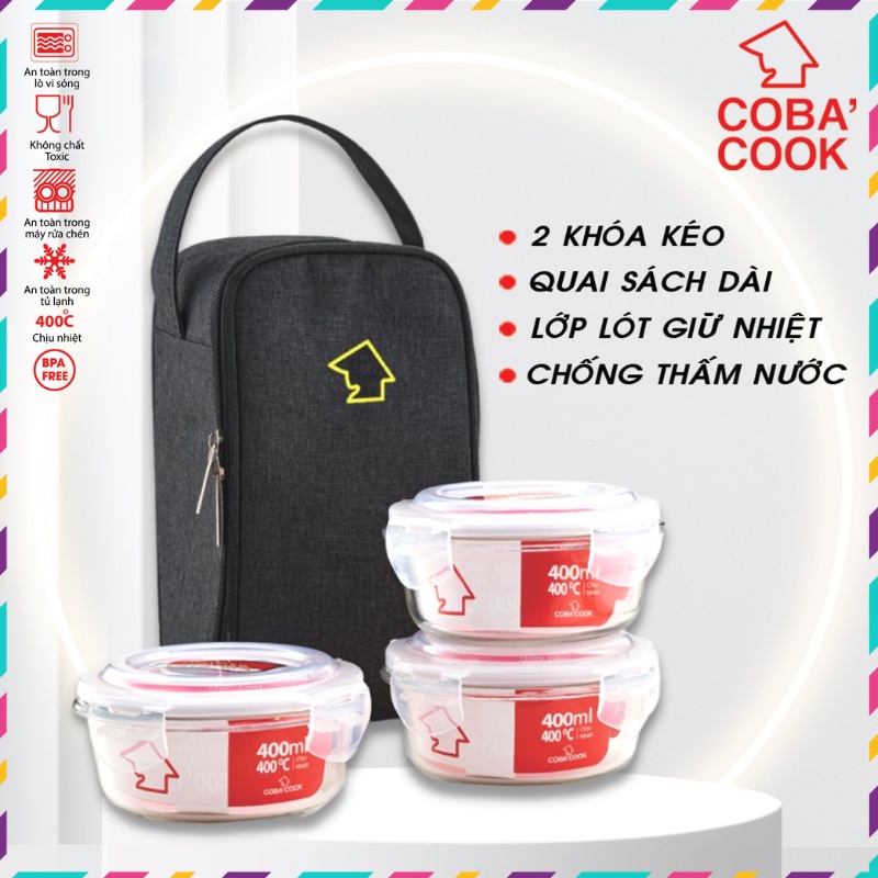 Bộ hộp cơm thủy tinh chịu nhiệt COBACOOK 3 hộp tròn/chữ nhật và túi vải giữ nhiệt- CCR43BL