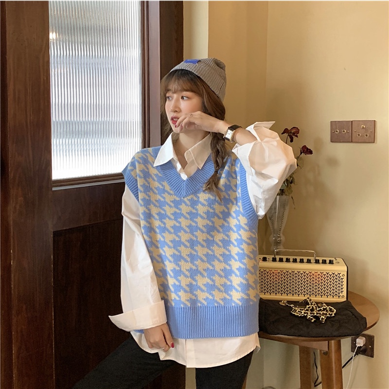 SUXI Áo len không tay cổ chữ V dáng rộng phong cách mùa thu trẻ trung cho nữ