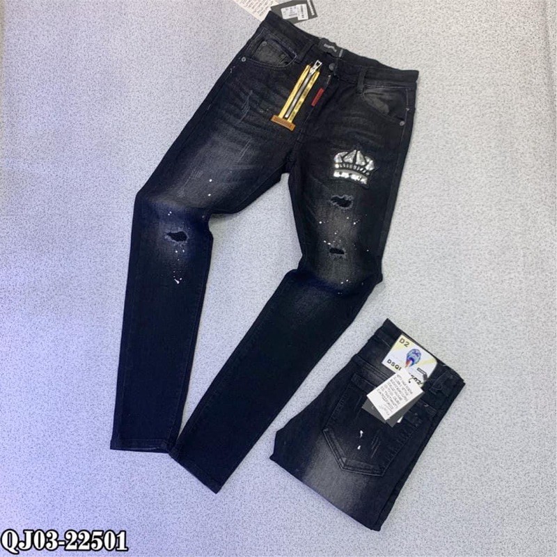 Quần biker bò côn khoá lệch vương miện kim sa | BigBuy360 - bigbuy360.vn