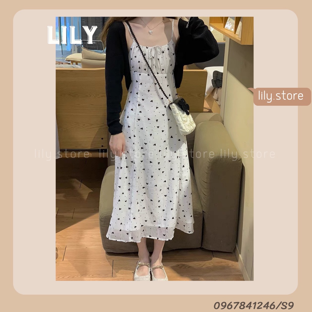 Set váy hai dây dáng dài mix áo len croptop tay dài, Đầm hai dây hoa nhí mix croptop len tăm size S/M S9 LILY