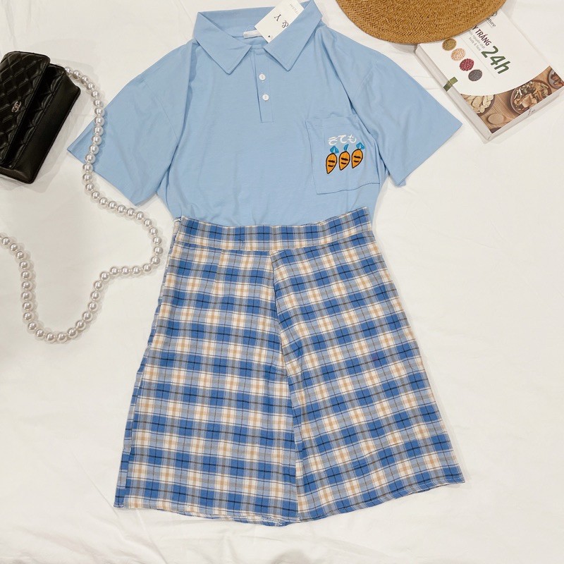 Set Đồ Nữ Ulzzang Áo Phông Tay Lỡ Có cổ + Chân Váy Kẻ Sọc Dáng Chữ A (Có ảnh + video thật)