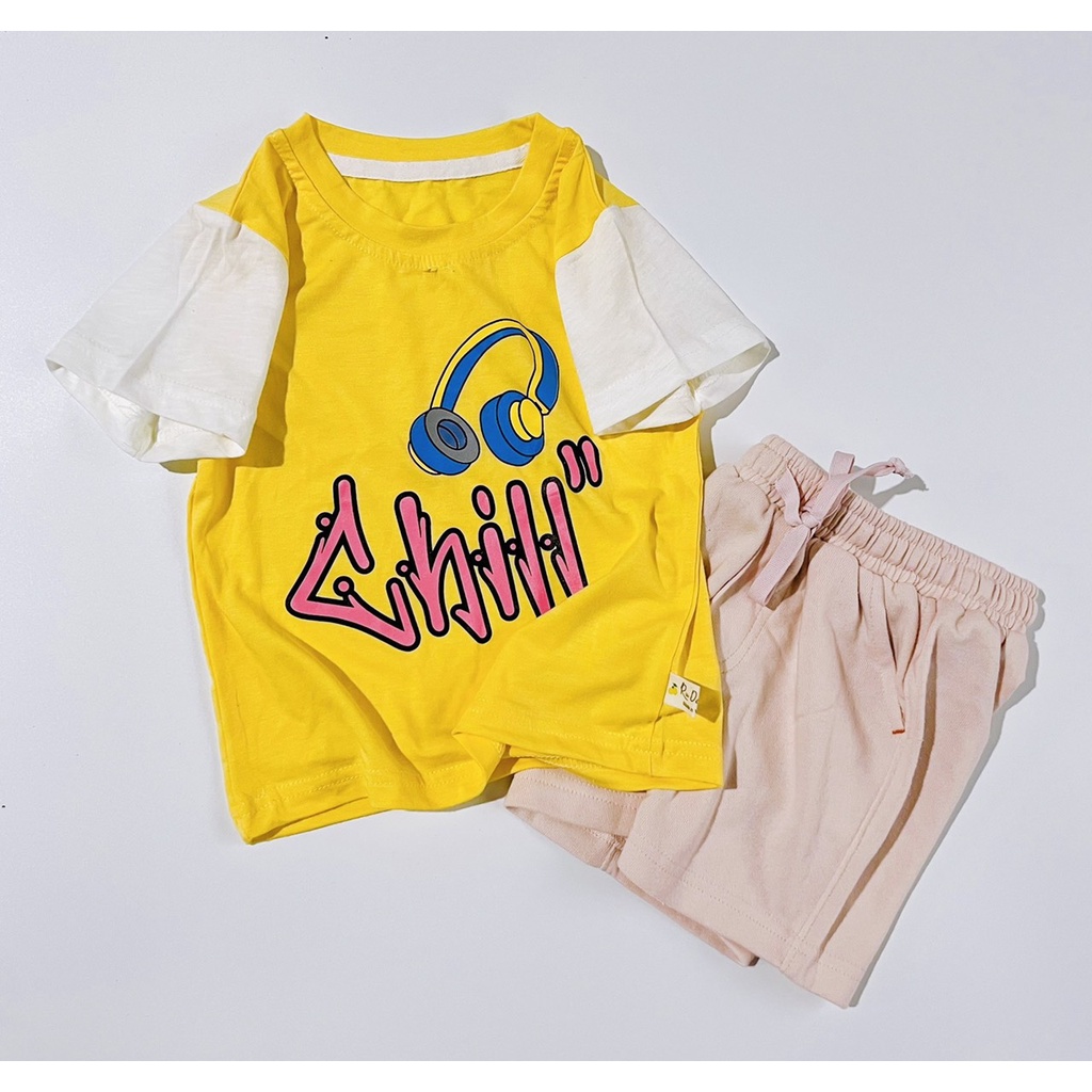 Bộ  quần áo  cộc tay thun cotton phối quần da cá dây rút bé trai