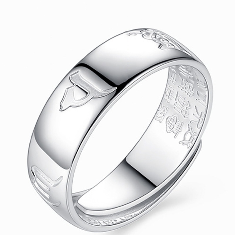 AIFEI💍 Silver 925 Original Retro Ethnic Style Carved Heart Sutra Six Words Mantra Ring Opening Adjustable Index Finger Advanced Simple Bracelet Ring Adjustable Cincin-S1