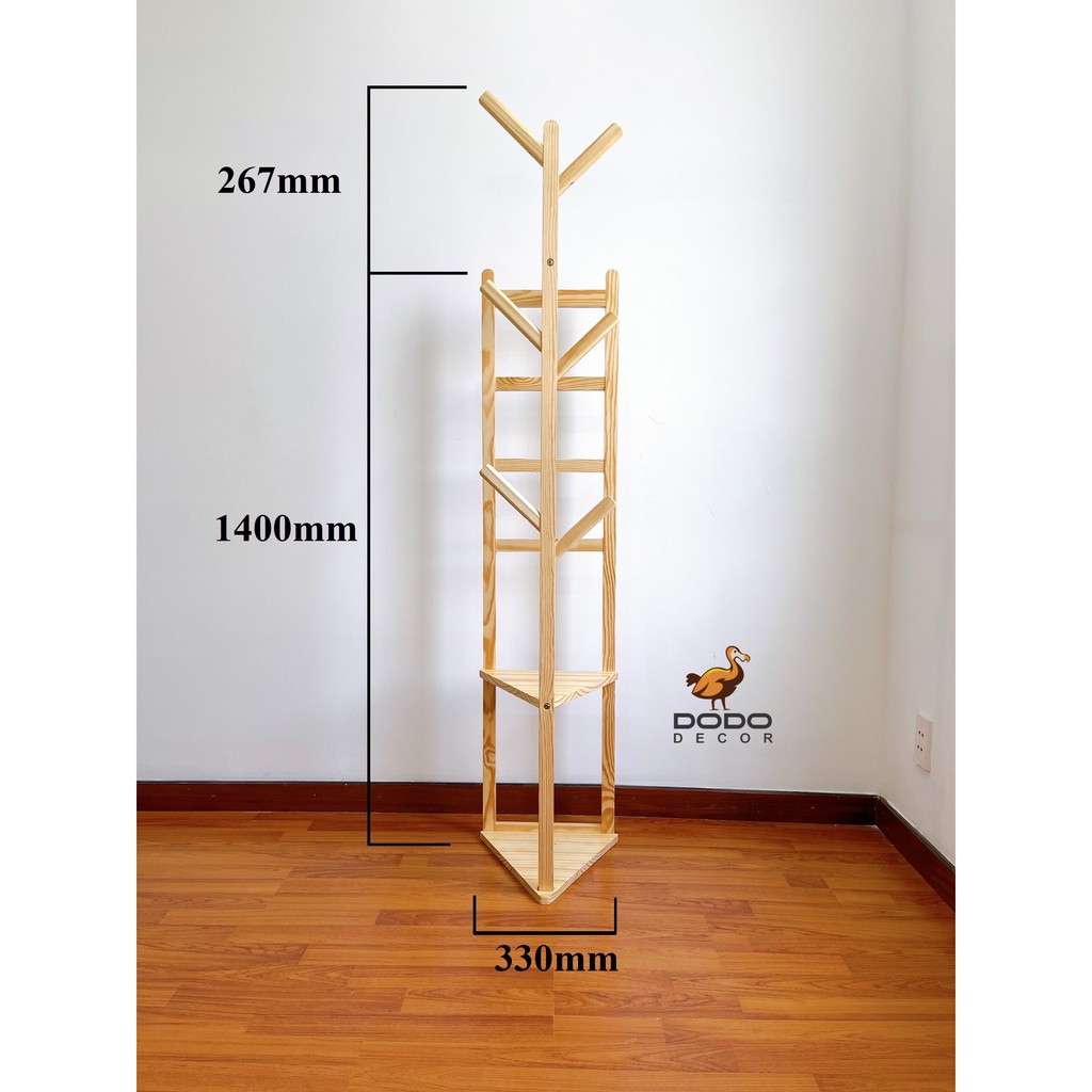 Giá Treo Quần Áo Gỗ Có Móc Treo - Kệ Gỗ Tam Giác Đa Năng 2 Tầng Treo Khăn/Túi/Mũ/Áo Gỗ Thông Tự Nhiên - DODO DECOR