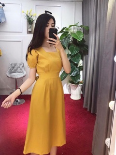 FREESHIP150K_Đầm Cổ Vuông Vàng Xếp Li Eo