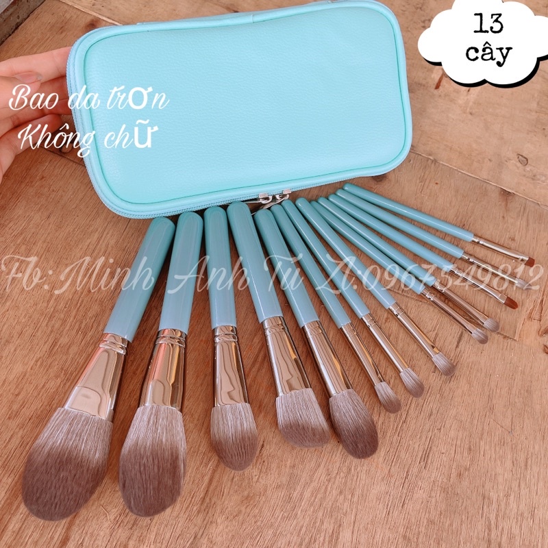 Bộ Cọ Trang Điểm Kèm Bao Da Sang Chảnh Chất Lông Thú 13 Cây [ Màu Xanh- Chính Hãng]