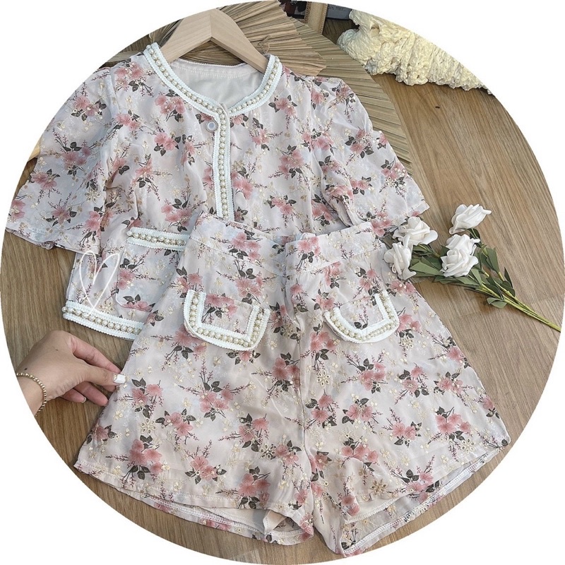 SET ÁO HOA HỒNG VIỀN HẠT + QUẦN SHORT VIỀN