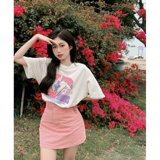 Set áo thun trắng + chân váy kaki nude hồng