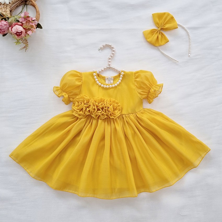 Đầm bé gái trẻ em sơ sinh từ 1-5 tuổi màu vàng kết cườm dáng xòe công chúa đi chơi tiệc Đồ Đầy Tháng Thôi Nôi Sinh Nhật