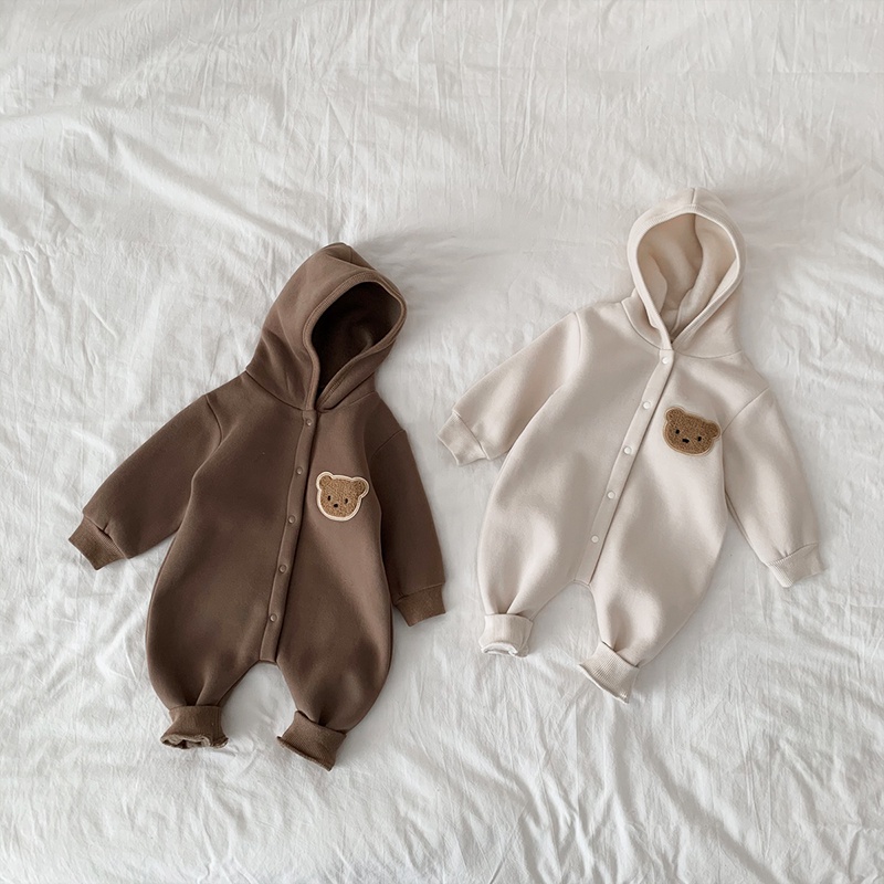 Bộ Đồ Ngủ Liền Thân Tay Dài Bằng Vải Cotton In Họa Tiết Gấu Dễ Thương Phong Cách Hàn Quốc Cho Bé