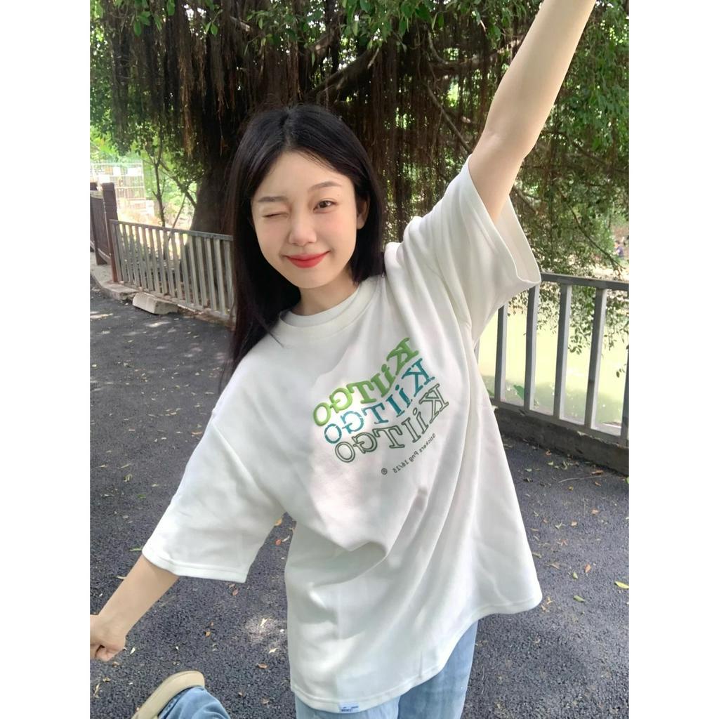 Ethelgirl Áo Thun unisex Dáng Rộng Tay Cộc In Chữ Thời Trang Hàn Quốc