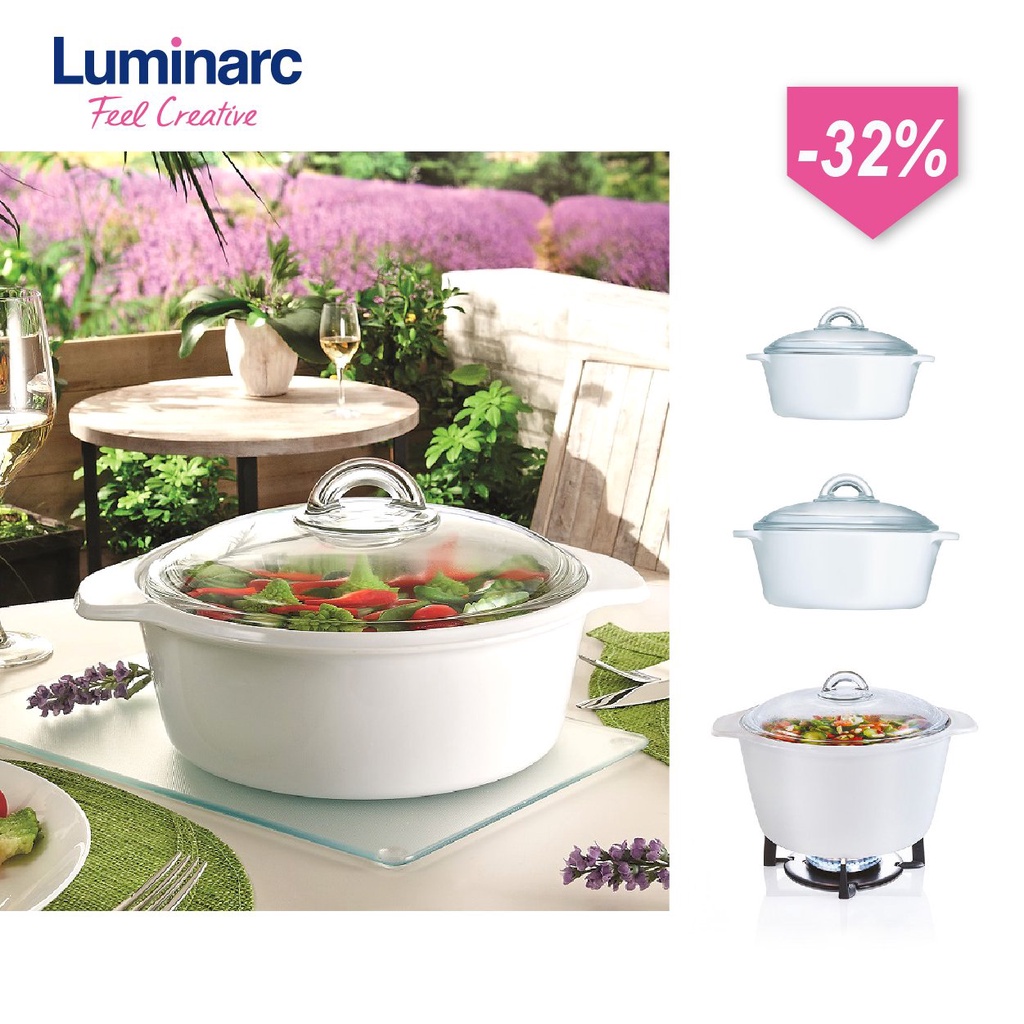 Bộ 3 nồi thủy tinh Luminarc màu trắng 1L+2L+3L - LVCF9P2 dùng bếp ga, hồng ngoại, sản xuất Pháp, thủy tinh cường lực