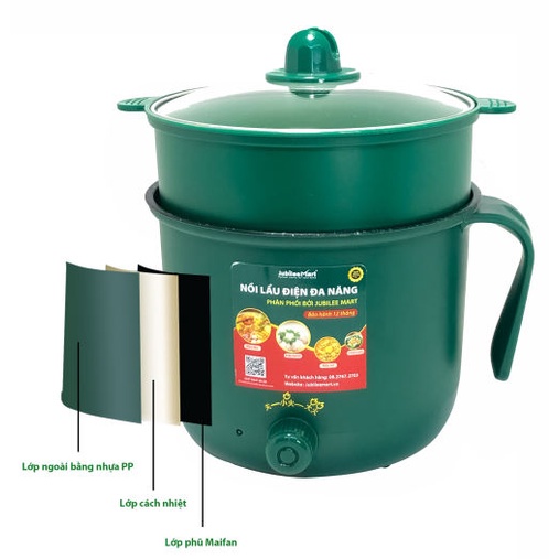 Nồi lẩu điện đa năng 2 tầng có lồng hấp và nắp kính cao cấp, Ca điện mini nấu mì siêu tốc 18cm Thế Hệ Mới