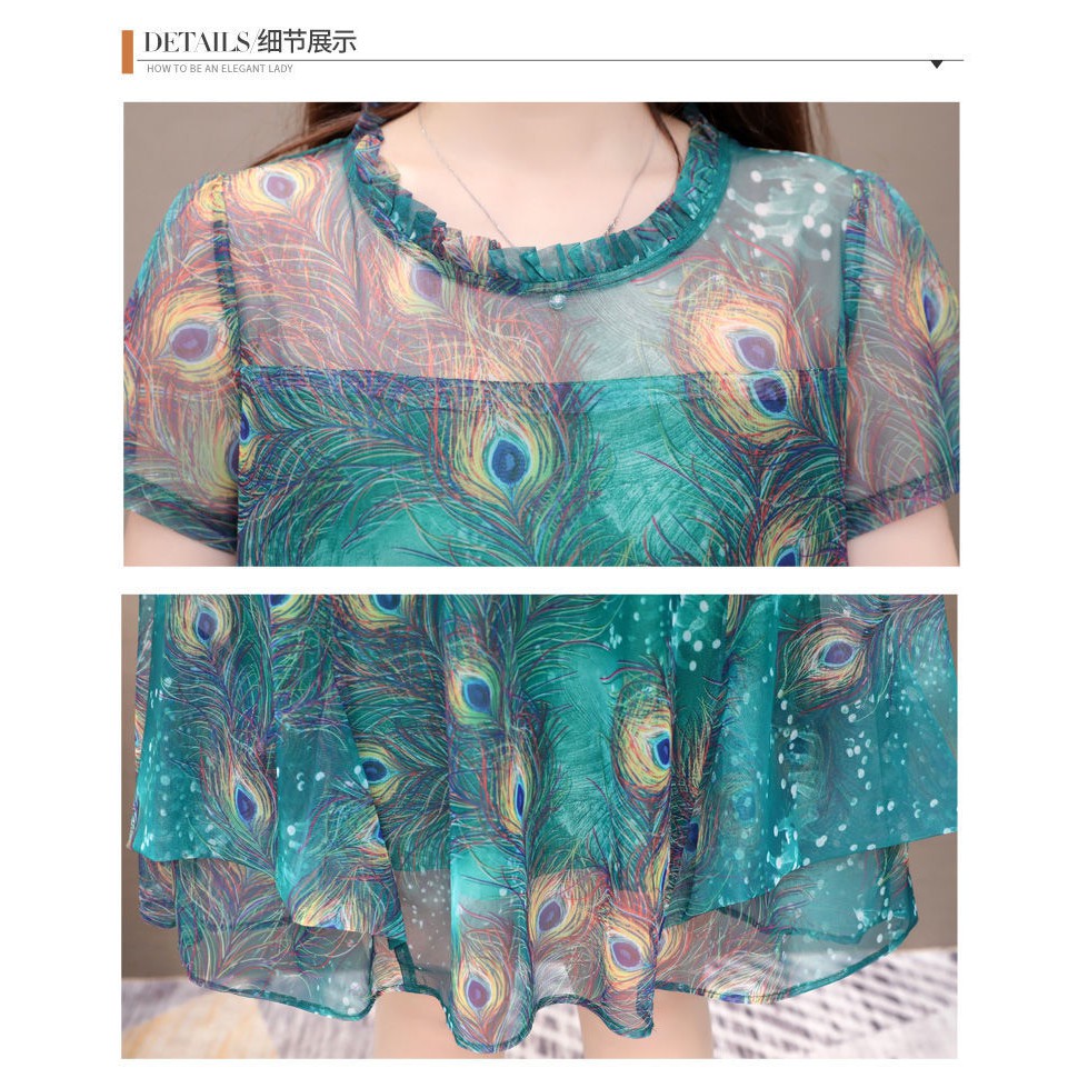 [Hàng đẹp xả giá rẻ] Đầm trung niên vải Chiffon mát, họa tiết chim công sắc nét