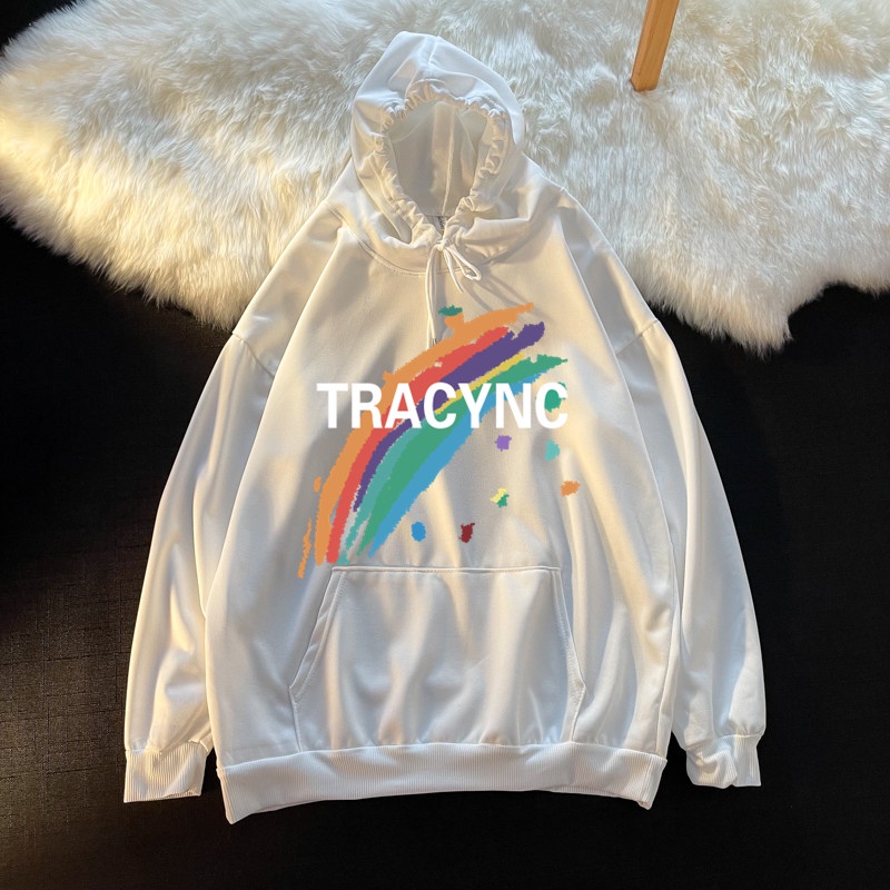 Áo hoodie dáng rộng in hình cầu vồng size M-5XL