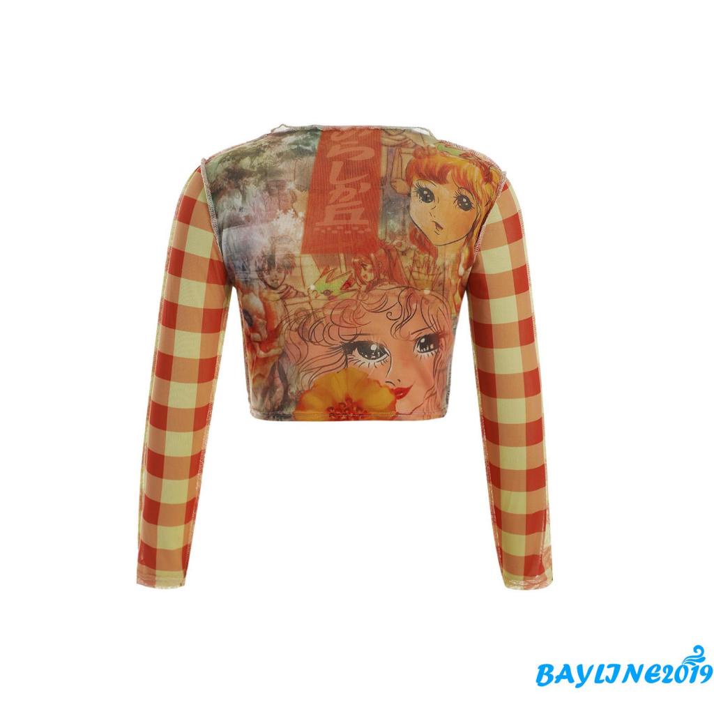 Áo lửng tay dài cổ tròn in hoạt hình hợp thời trang cho nữ