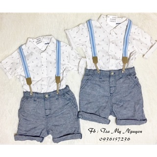 Set áo sơmi + quần đũi yếm trắng xanh thuỷ thủ HM auth