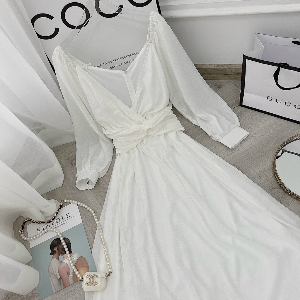 Đầm midi cổ đắp xoắn eo tay bồng voan trắng NÀNG CLOSET
