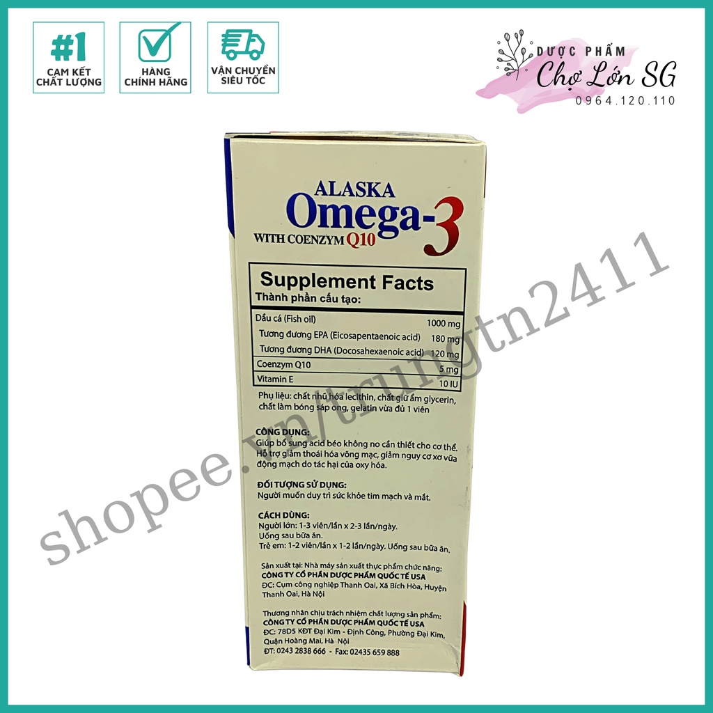 Viên dầu cá ALASKA OMEGA 3 WITH COENZYM Q10 hỗ trợ sức khỏe tim mạch và mắt  - Chai 100v