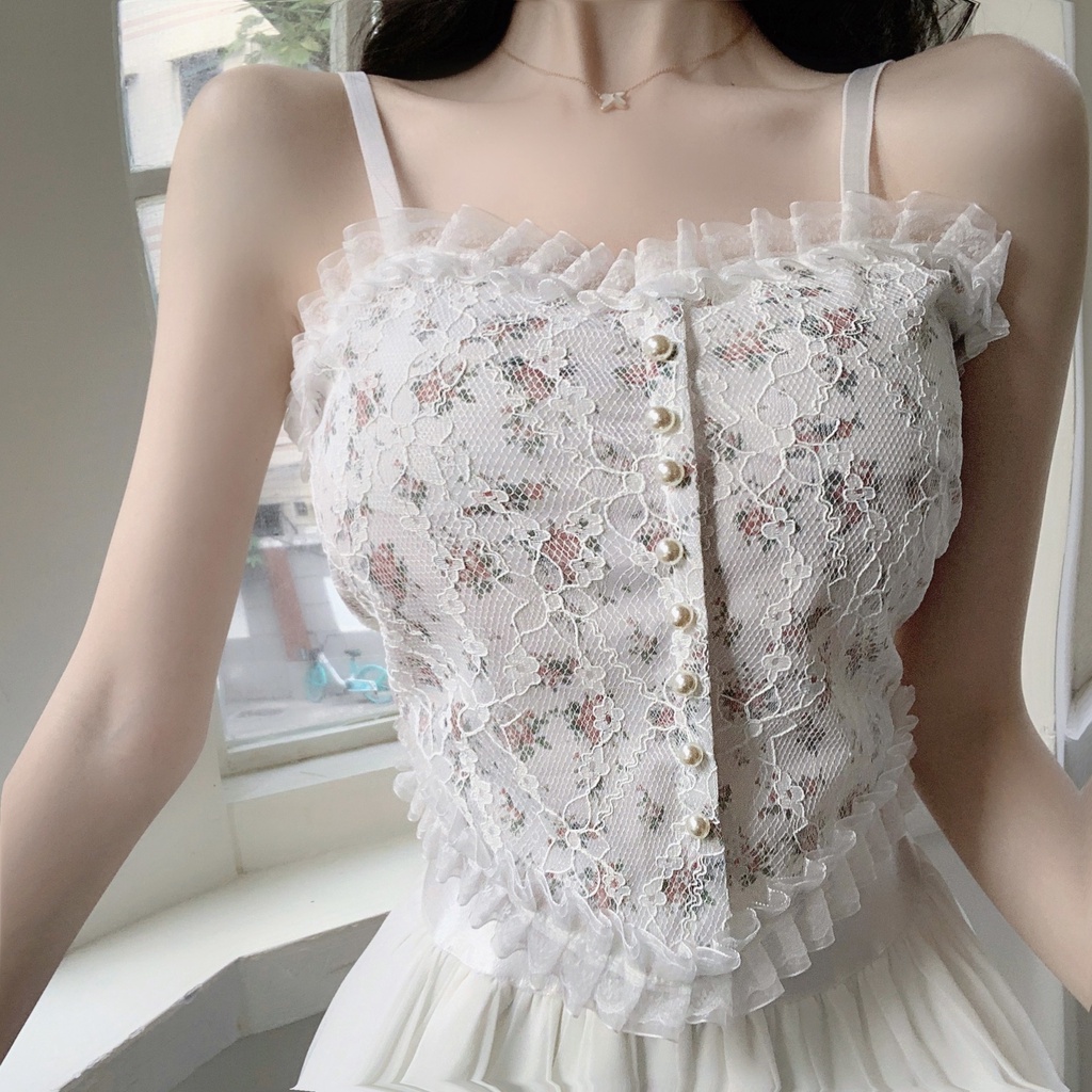 Túi Đeo Chéo Họa Tiết Hoa Phối Ren Có Đệm Ngực Sau Lưng Phong Cách Pháp