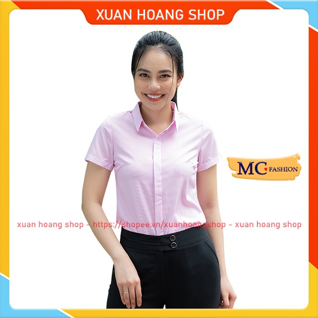 Áo Sơ Mi Nữ Công Sở Mc Fashion A206, Size S, M, L, Xl, 2xl, Tay Ngắn Cộc, Màu Xanh Dương Nước Biển, Hồng, Kẻ Sọc, Đẹp