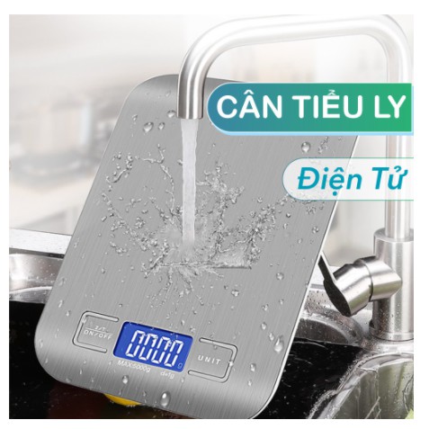 Cân điện tử nhà bếp tiểu ly (10/5kg - 1g) cân thực phẩm mặt inox màn hình LCD