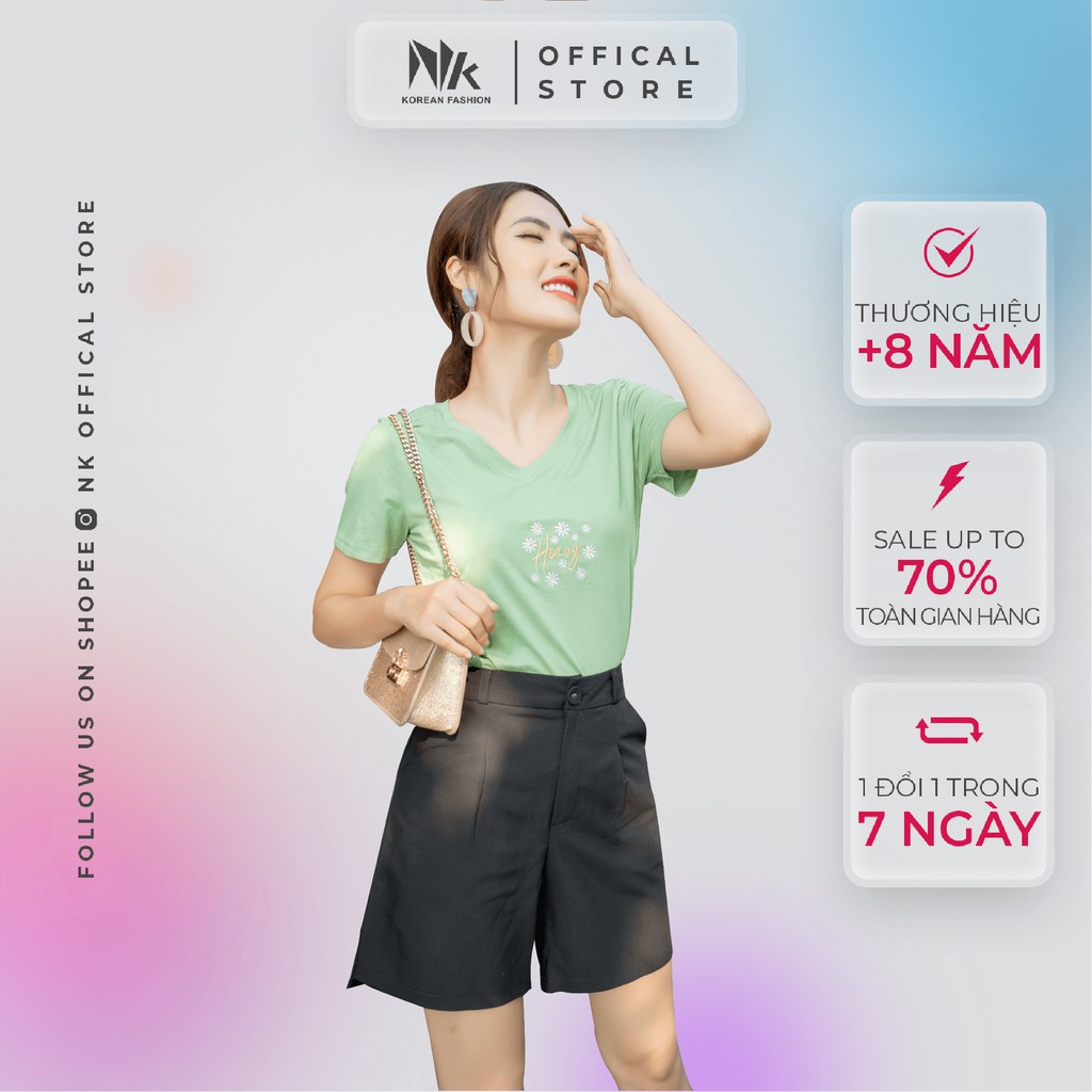 Áo Phông Nữ Cộc Tay NK FASHION Cổ Tim Thêu Hoa Cúc Honey, Chất Liệu Nhập Hàn Mềm Mịn, Thấm Hút Mồ Hôi NKAT2104001