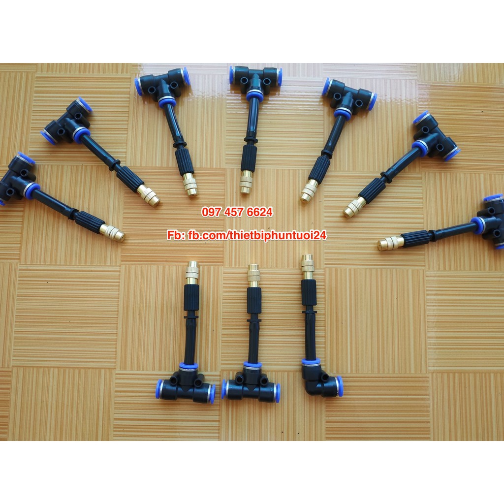 Combo 10 béc phun sương bằng đồng tặng kèm ống nối T phi 8 - MHL