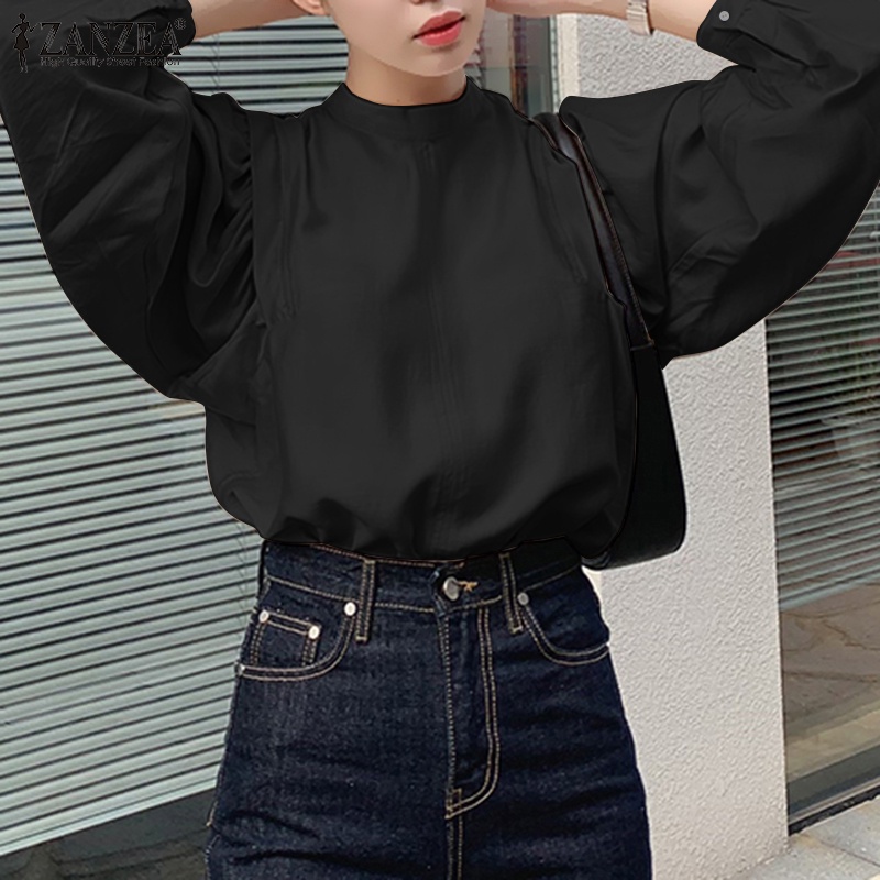 Áo sơ mi ZANZEA trơn cúc lưng cổ đứng tay phồng dài vintage