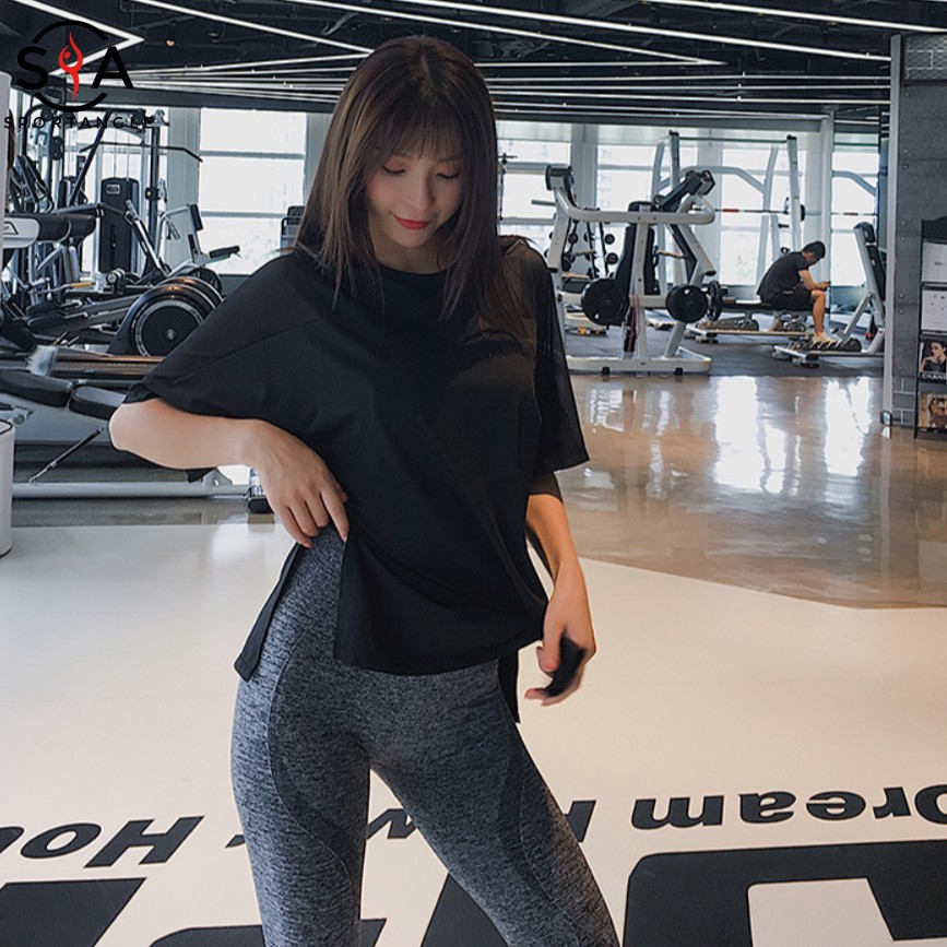 Áo thun thể thao tay ngắn form rộng màu trơn thoáng khí cho nữ