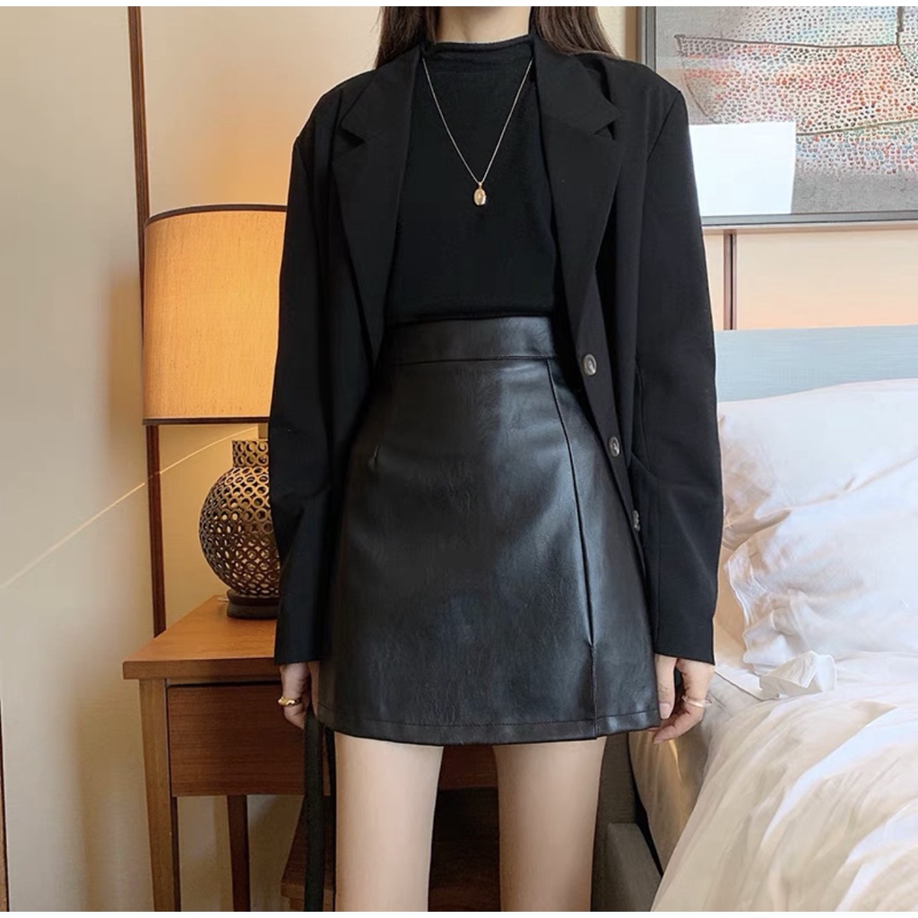 Chấn Váy Da Cao Cấp Chữ A Công Sở Sexy Dáng Ngắn Công Sở Ôm Body Hàn Quốc