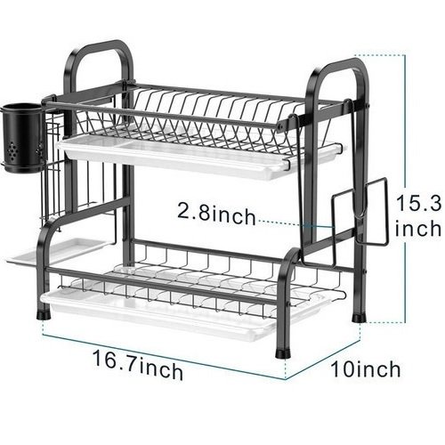 Kệ Để Chén Đĩa 2 tầng sơn Thép Carbon Sơn Đen Giá Bát Nhỏ Có Khay Hứng Nước Đa Năng