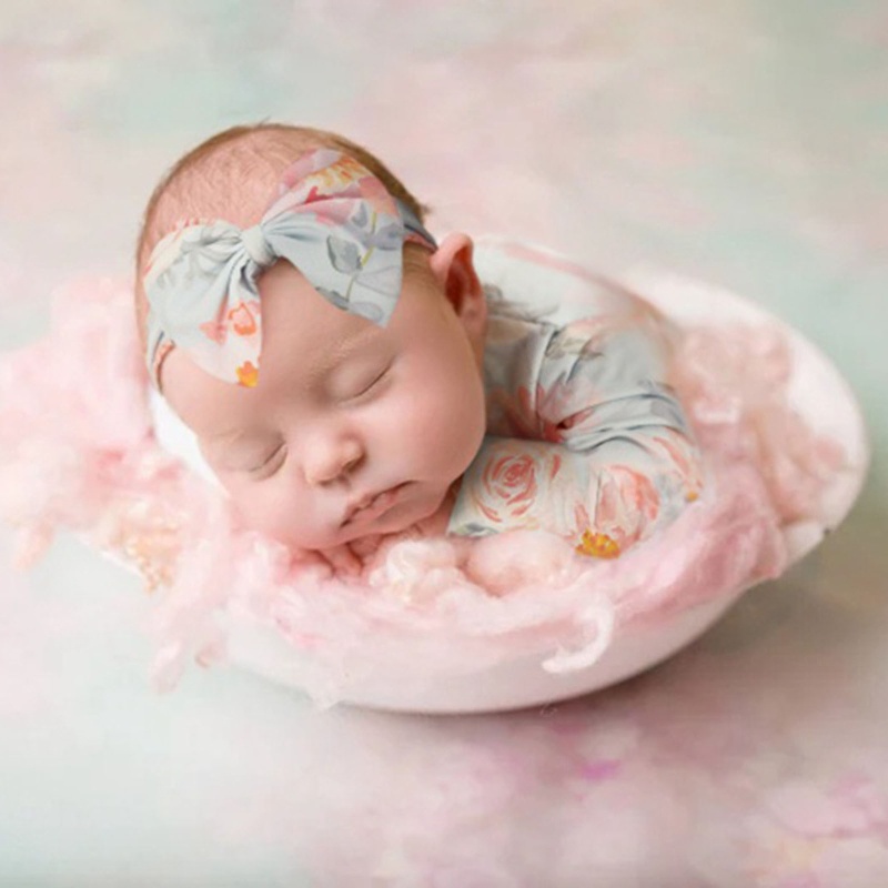 Set 2 Món Áo Liền Quần In Hoa + Băng Đô Nơ + Băng Đô Làm Phụ Kiện Chụp Ảnh Cho Bé Sơ Sinh