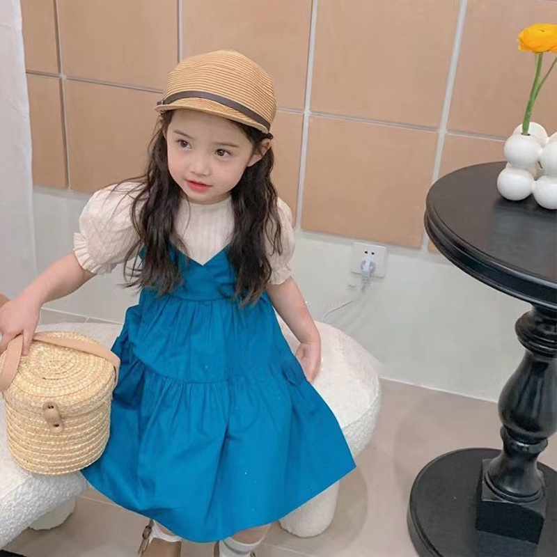 Đầm Công Chúa Giả Hai Lớp Tay Ngắn Phong Cách Hàn Quốc Xinh Xắn Cho Bé Gái 1-7 Tuổi