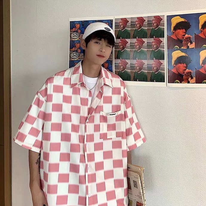 Áo Sơ Mi Caro Tay Ngắn Màu Trắng Đen Phong Cách Hàn Quốc Thời Trang Cho Nam