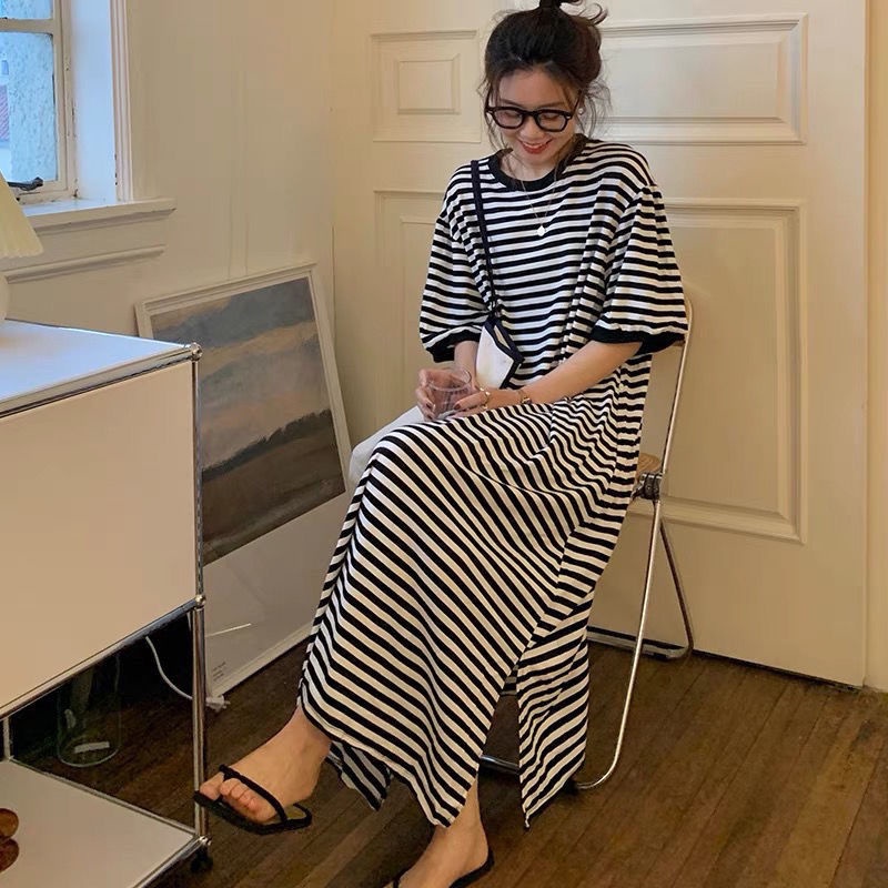 Đầm Thun Nữ Sọc Ngang Trắng Đen Thời Trang Hàn Quốc