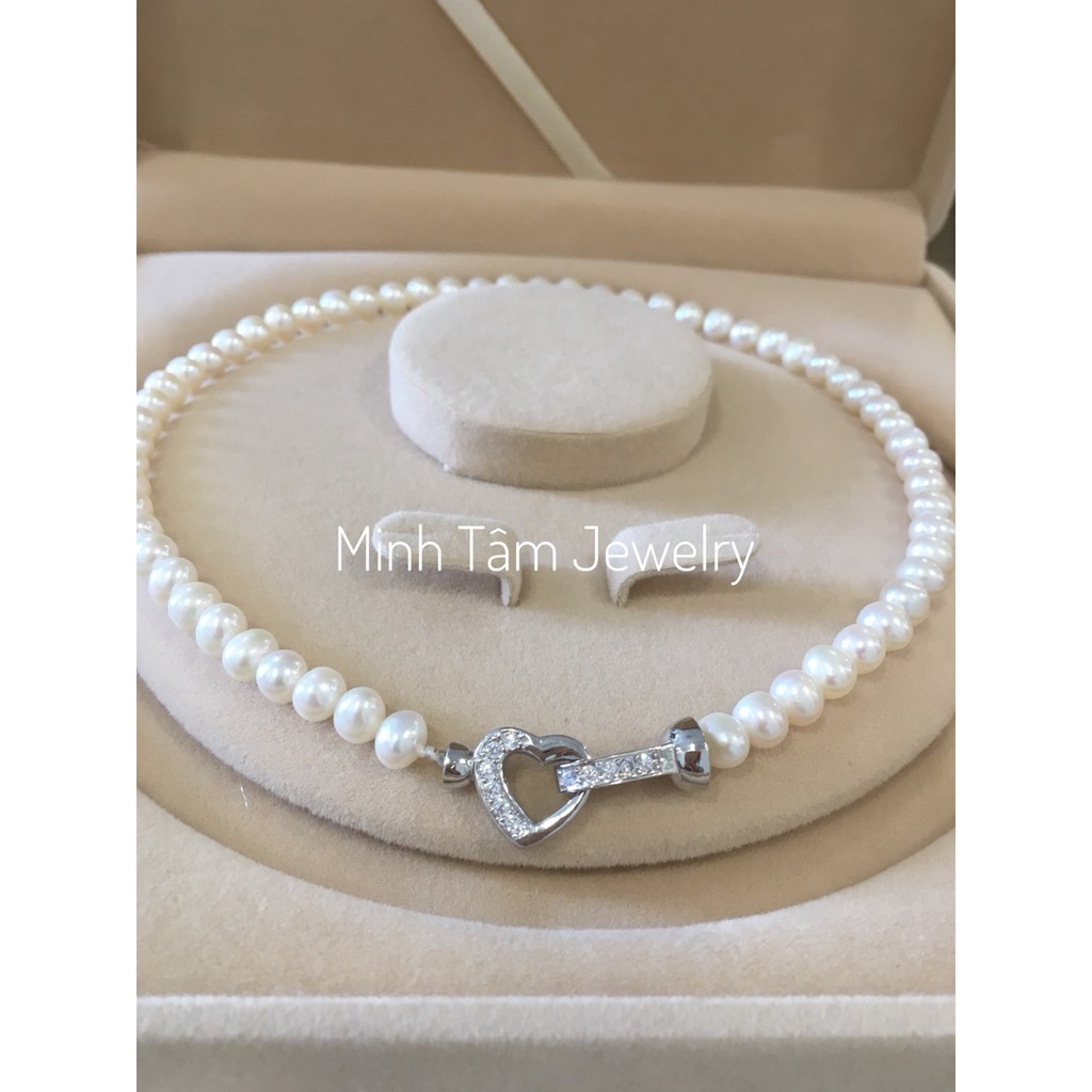 Vòng cổ Ngọc Minh Tâm Jewelry Trai nuôi thiên nhiên khoá trái tim bạc 925 xi kim