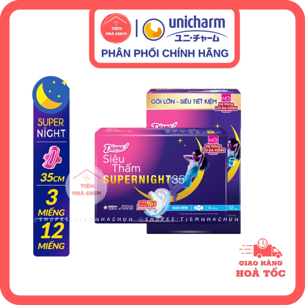 Gói 3 Miếng và Gói 12 Miếng Băng Vệ Sinh Diana Super Night Siêu Thấm Có Cánh CHÍNH HÃNG
