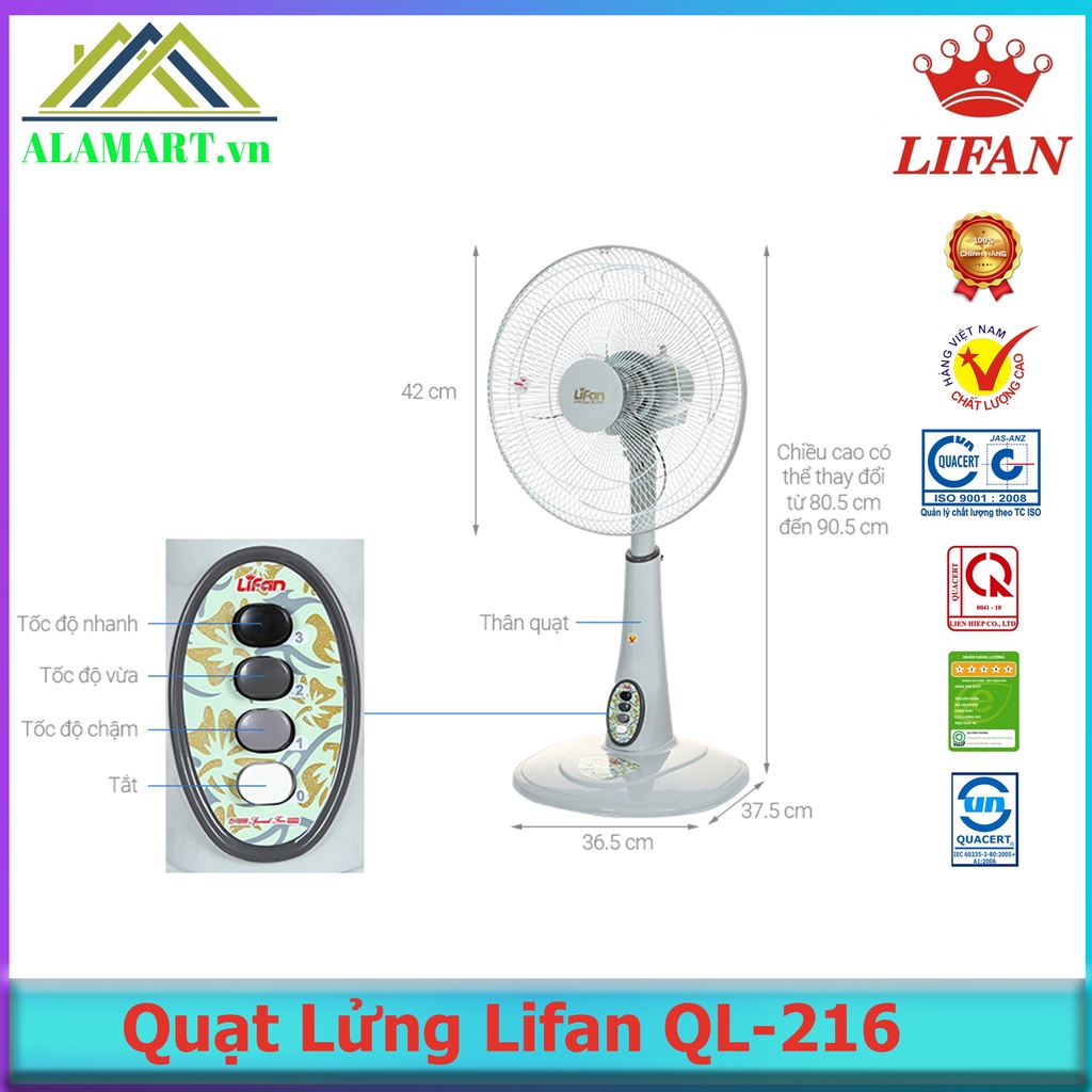 QUẠT LỬNG LIFAN QL-216 quạt lỡ thấp êm mát dùng phòng khách, phòng ngủ