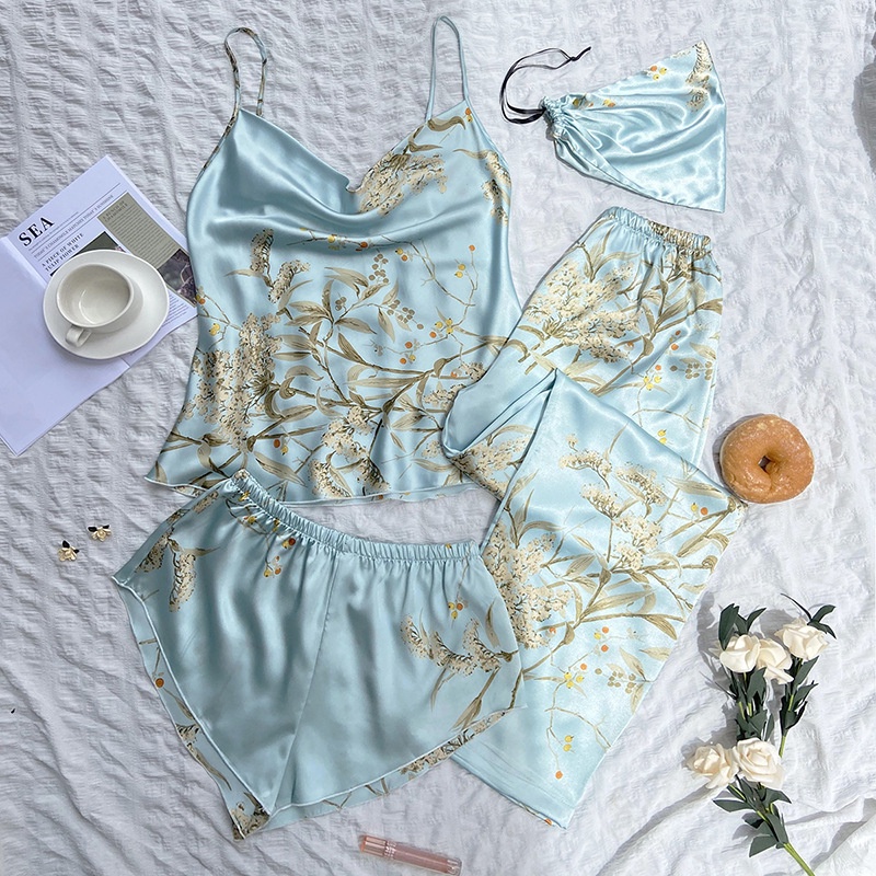 Bộ Đồ Ngủ 4 Món Bằng Lụa Mát In Họa Tiết Thời Trang Quyến Rũ Cho Nữ