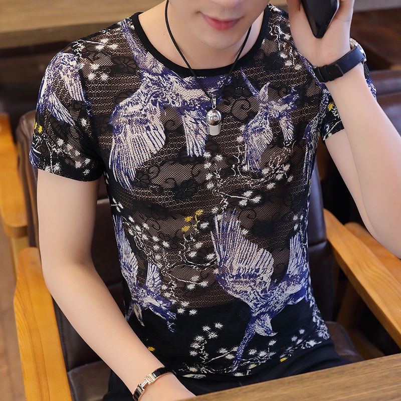 Áo Thun Ngắn Tay Vải Lụa Mát Phối Lưới Thời Trang Xu Hướng Cho Nam