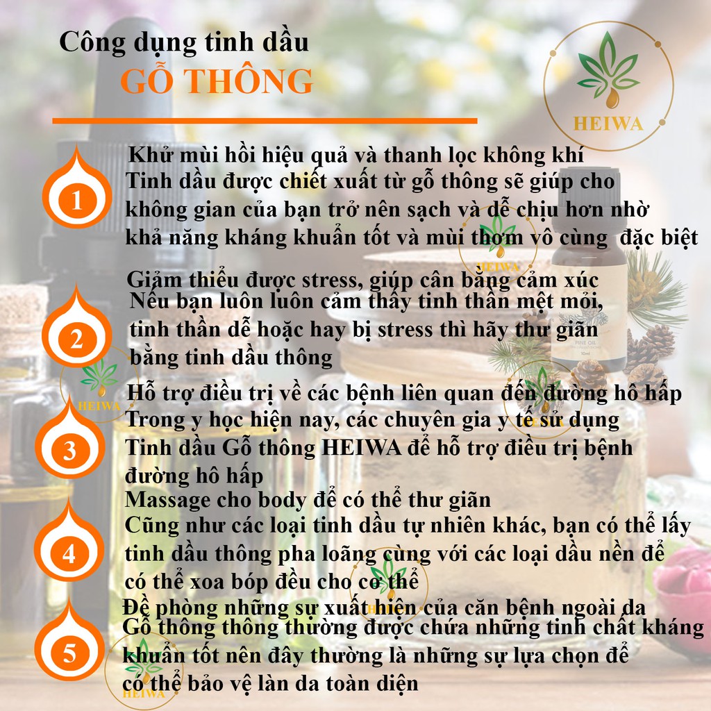 Tinh dầu Gỗ Thông dng tích 5ML thương hiệu HEIWA đầy đủ kiểm định